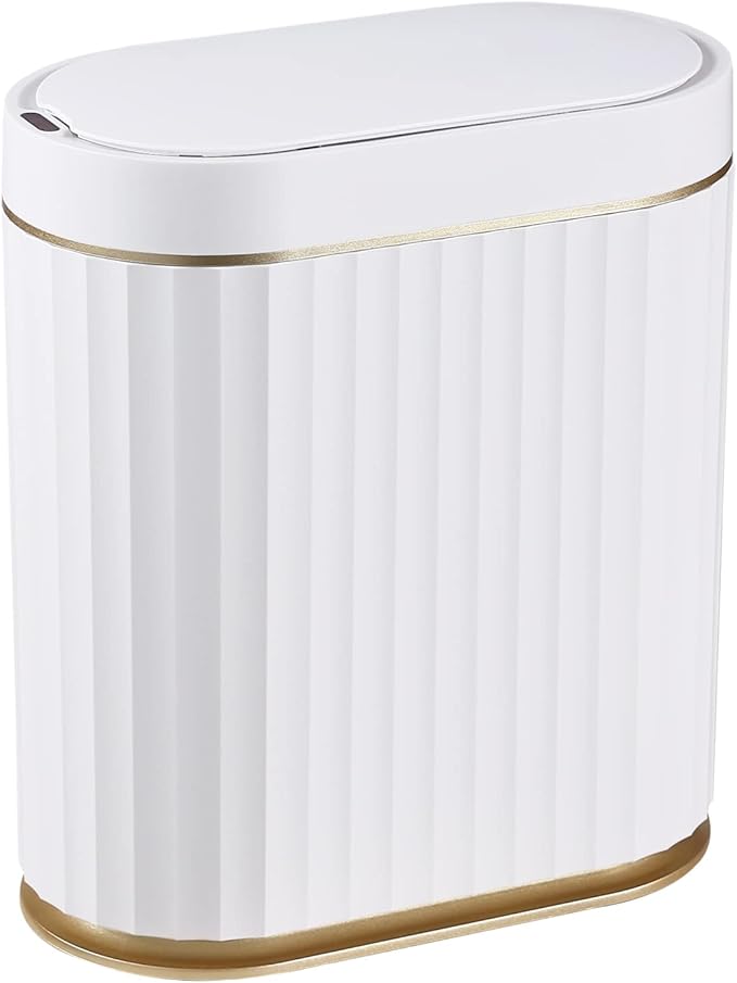 Automatic Motion Sensor Trash Can, 2 Gallon Slim Slimline Bin for Bathroom, Bedroom, Kitchen, Office – White with Gold Trim