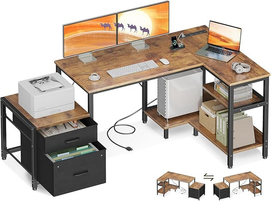 L Shaped Computer Desk with Drawers, File Cabinet, Storage Shelves, CPU Stand & Power Outlets – Rustic Brown