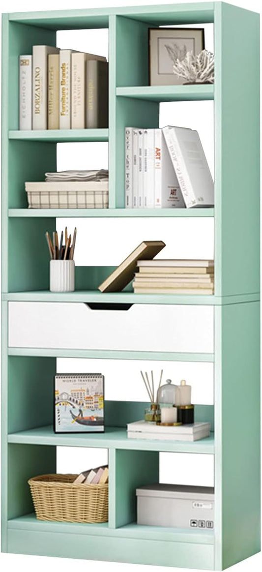Wooden 8-Cube Bookcase with Drawer, Freestanding Storage Cabinet Organizer, Tiffany Green