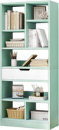 Wooden 8-Cube Bookcase with Drawer, Freestanding Storage Cabinet Organizer, Tiffany Green