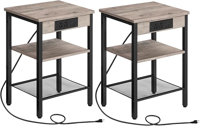 Set of 2 End Tables with Charging Station, 3-Tier Nightstands with USB Ports