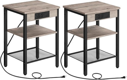 Set of 2 End Tables with Charging Station, 3-Tier Nightstands with USB Ports