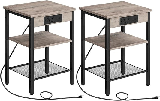 Set of 2 End Tables with Charging Station, 3-Tier Nightstands with USB Ports