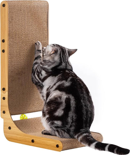 L-Shaped Cat Scratcher, 26.8" Cardboard Scratching Pad with Ball Toy & Catnip, Furniture Protector for Indoor Cats, Large