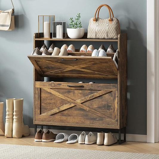 Freestanding Shoe Cabinet with 2 Flip Drawers and Metal Legs – Rustic Brown