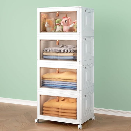 Stackable 4-Tier Storage Bins with Lids and Wheels, Foldable Plastic Containers for Home & Office