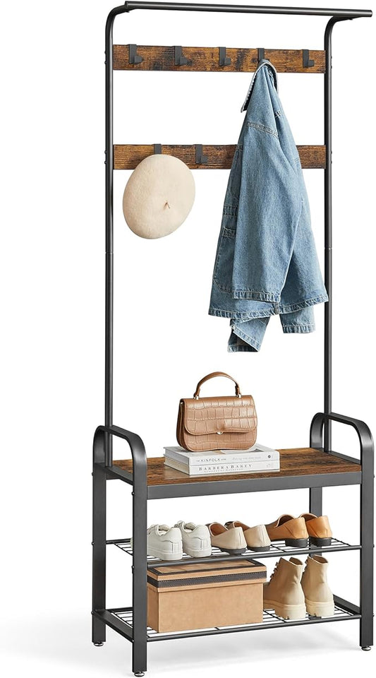 Hall Tree with Shoe Bench and Coat Rack, 4-in-1 Entryway Organizer with Hooks and Hanging Rod, Rustic Brown/Black