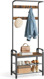 Hall Tree with Shoe Bench and Coat Rack, 4-in-1 Entryway Organizer with Hooks and Hanging Rod, Rustic Brown/Black