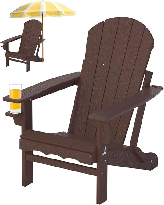 Folding Adirondack Chair with Cup Holder & Umbrella Hole, Weather-Resistant HDPE, Brown