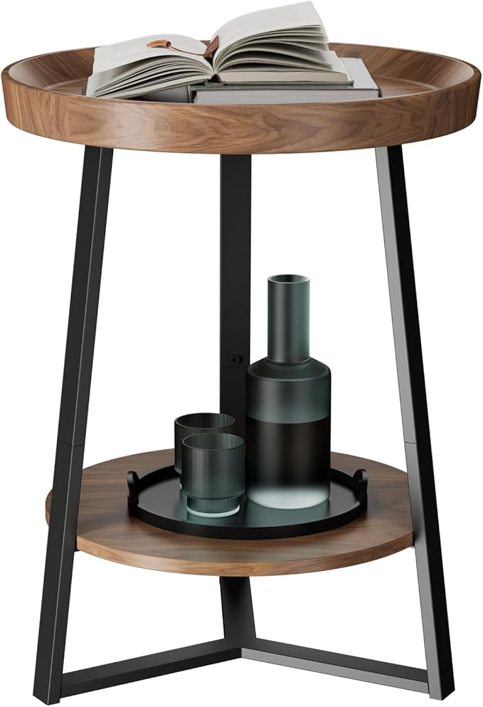 Round End Table with Storage Shelf – 2-Tier Farmhouse Side Table for Living Room & Bedroom, Brown