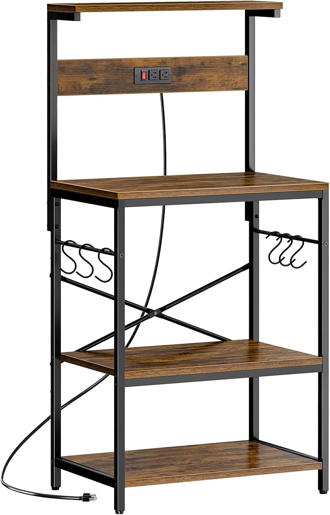 ChatGPT said:  Kitchen Baker’s Rack with Power Outlet – 4-Tier Coffee Bar & Microwave Stand with Hooks, Rustic Brown