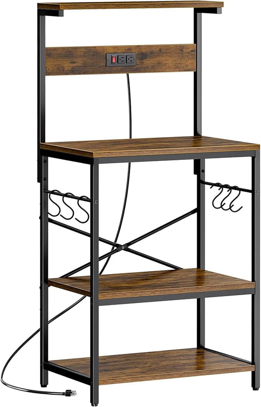ChatGPT said:  Kitchen Baker’s Rack with Power Outlet – 4-Tier Coffee Bar & Microwave Stand with Hooks, Rustic Brown