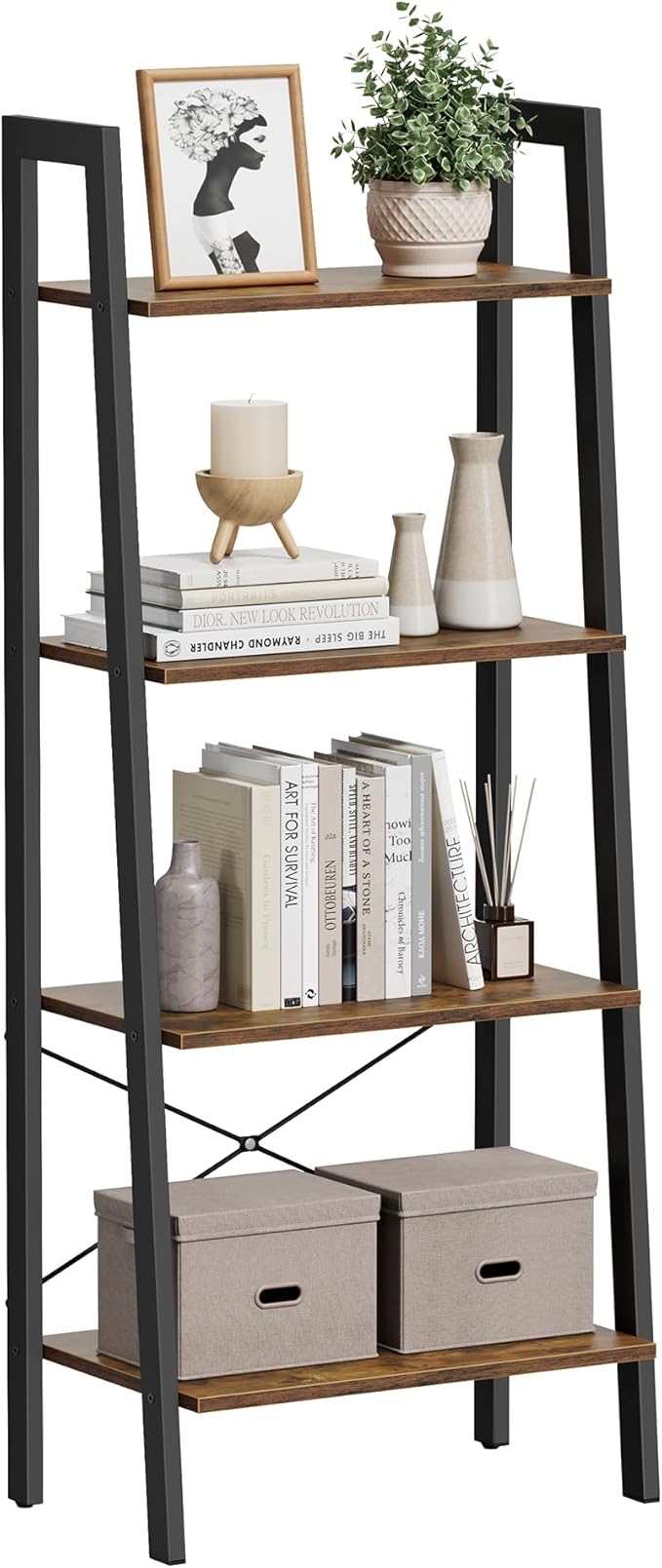 4-Tier Ladder Shelf, Industrial Bookshelf with Steel Frame for Living Room, Office, or Bedroom, Rustic Brown & Black