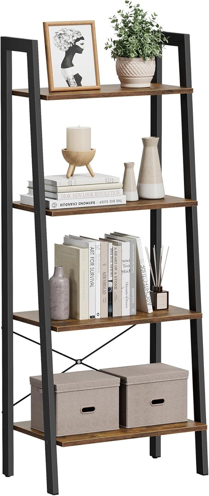 4-Tier Ladder Shelf, Industrial Bookshelf with Steel Frame for Living Room, Office, or Bedroom, Rustic Brown & Black