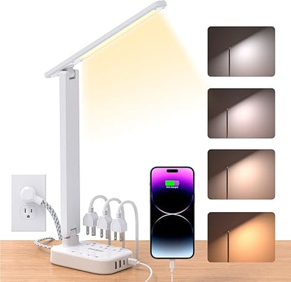 LED Desk Lamp with Power Strip, 5ft Cord, 3 Outlets, 4 USB Ports, Touch Control, Adjustable Light, White