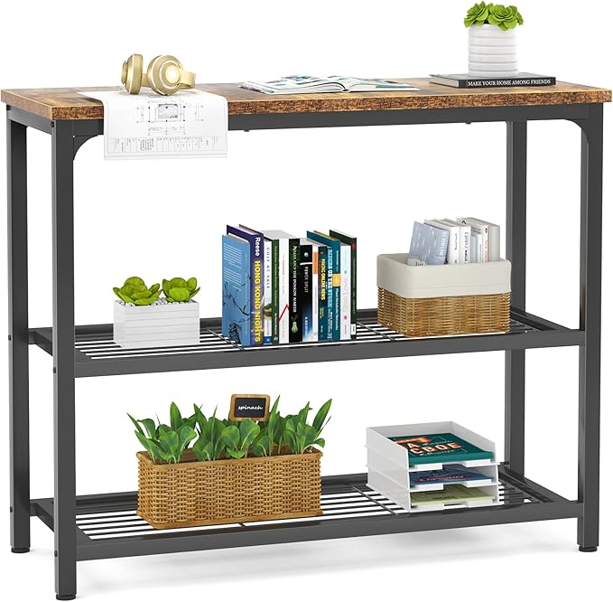 32" Industrial Console Table with Double Mesh Shelves for Entryway & Living Room