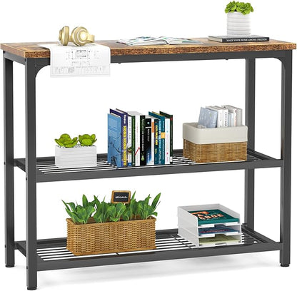 32" Industrial Console Table with Double Mesh Shelves for Entryway & Living Room