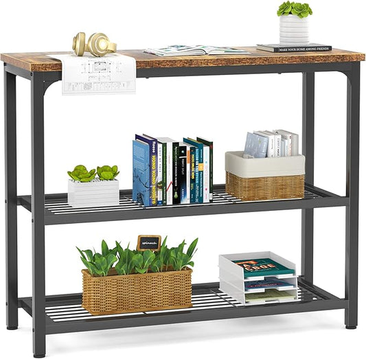 32" Industrial Console Table with Double Mesh Shelves for Entryway & Living Room