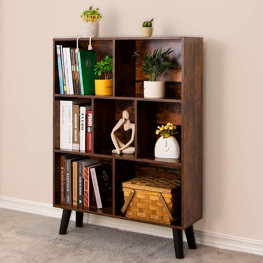 3-Tier Cube Bookshelf with Legs – Mid-Century Rustic Brown Wood Storage Organizer for Bedroom, Living Room, or Office