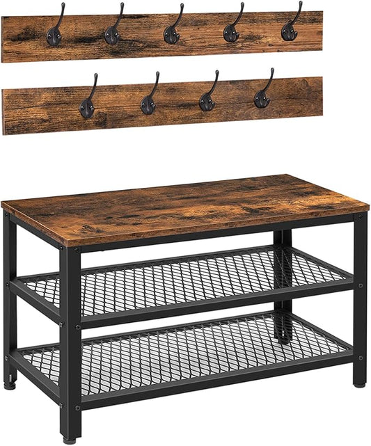 Hall Tree with Storage Bench, Coat Rack and Shoe Organizer, Rustic Brown/Black