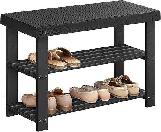 3-Tier Bamboo Shoe Rack Bench with Storage, Black – Entryway Organizer and Seat