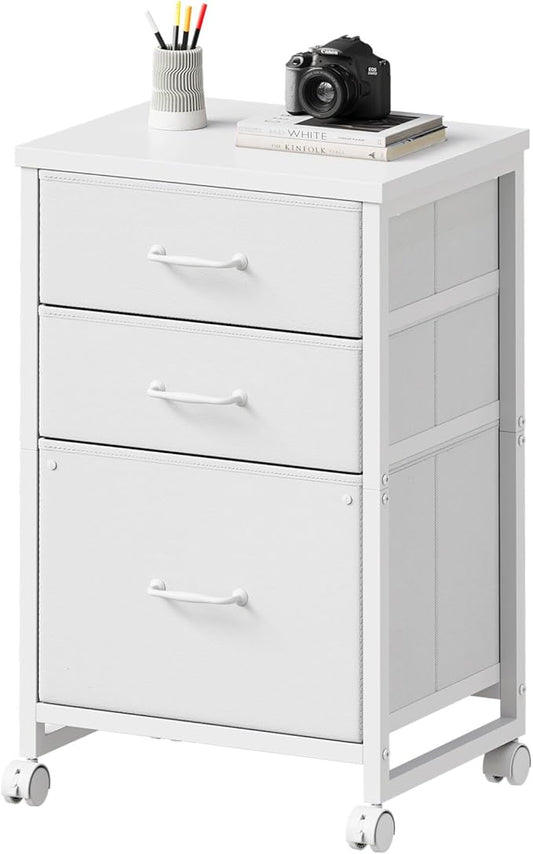 3-Drawer Mobile Fabric File Cabinet with Wheels – A4/Letter Size, White