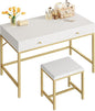 35.4" White and Gold Desk with 2 Drawers and Stool, Modern Vanity or Small Computer Desk