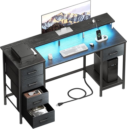 47" Gaming Desk with LED Lights, Power Outlets & 5 Fabric Storage Drawers