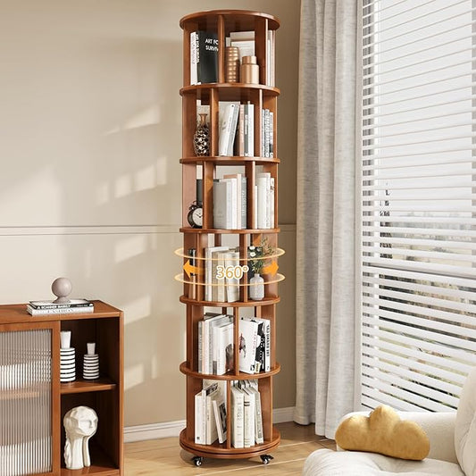 6-Tier Rotating Bookshelf with Wheels, Space-Saving Wooden Bookcase Tower