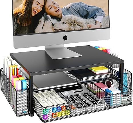 2-Tier Monitor Stand Riser with Drawer and Pen Holders – Desk Organizer and Laptop Stand for Office Supplies (Black)