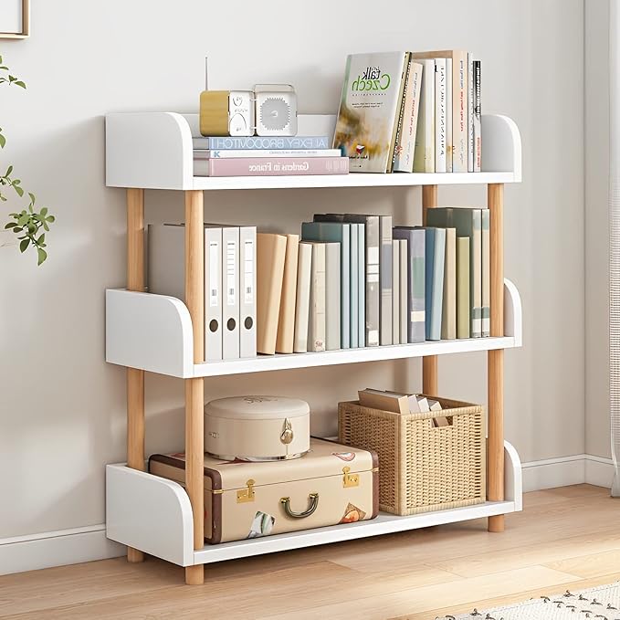 3-Tier Wooden Bookcase – Modern Display Shelf with Solid Wood Frame, Warm White