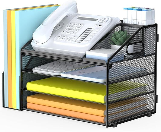 4-Tier Mesh Paper Tray File Organizer with Handle and Pen Holder – Black