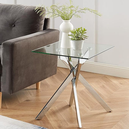 Square Glass Side Table with Metal Legs, Silver, 20”x20”x22”