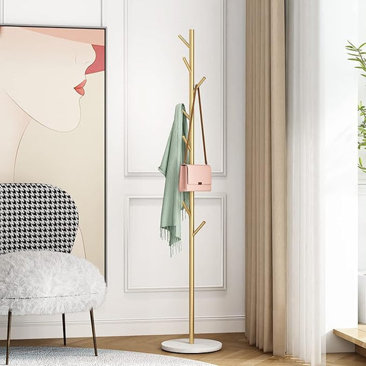 Gold Metal Coat Rack with Marble Base – Freestanding Entryway Stand with Hooks for Clothes, Hats & Bags
