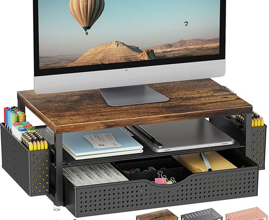 Wood Monitor Stand Riser with Drawer and Pen Holder – 2-Tier Desk Organizer Shelf for Computer, Laptop, and Office Supplies