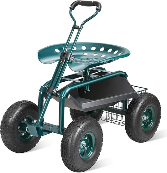 Rolling Garden Cart with Swivel Seat, Wheels & Tool Tray – Green