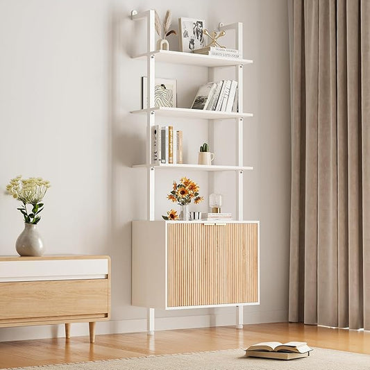 Tall Ladder Bookshelf with Storage Cabinet, Modern Wood and Metal Bookcase for Living Room, Bedroom, or Home Office