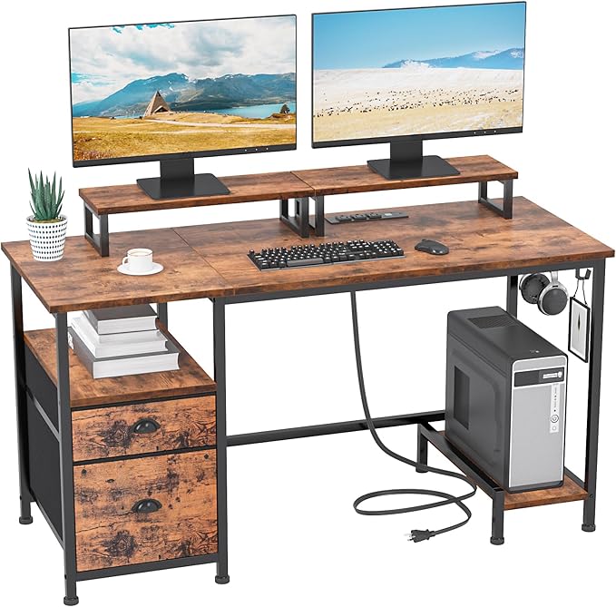 Home Office Desk with Monitor Stands, Drawer & Shelves, Rustic Broen