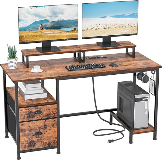 Home Office Desk with Monitor Stands, Drawer & Shelves, Rustic Broen