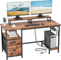 Home Office Desk with Monitor Stands, Drawer & Shelves, Rustic Broen