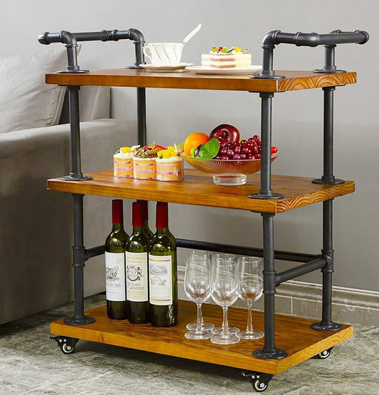 Industrial Bar Cart with Wine Rack and Shelves on Wheels