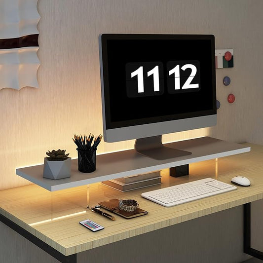 Monitor Stand Riser with LED Light – Wood & Acrylic Desktop Organizer for Computer, Laptop, Printer, and TV