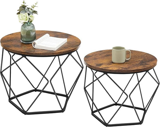 Round Coffee Table Set of 2 with Steel Frame, Side End Tables for Living Room, Bedroom, Office, Rustic Brown and Black