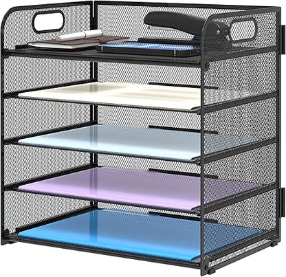 5-Tier Mesh Paper Organizer with Handle – Desk File and Letter Tray for Office, Home, or School