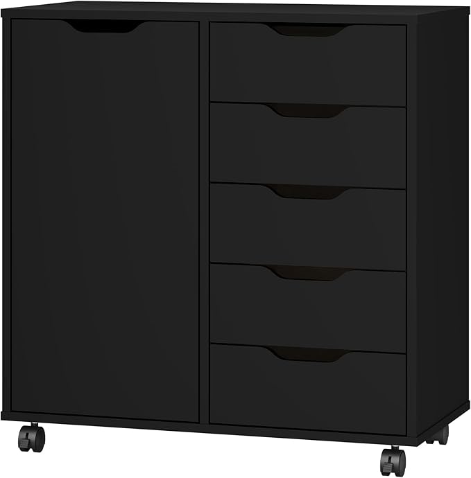 5-Drawer Chest with Door – Wooden Storage Dresser Cabinet on Wheels, Black
