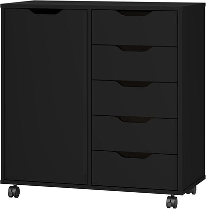 5-Drawer Chest with Door – Wooden Storage Dresser Cabinet on Wheels, Black