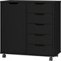 5-Drawer Chest with Door – Wooden Storage Dresser Cabinet on Wheels, Black