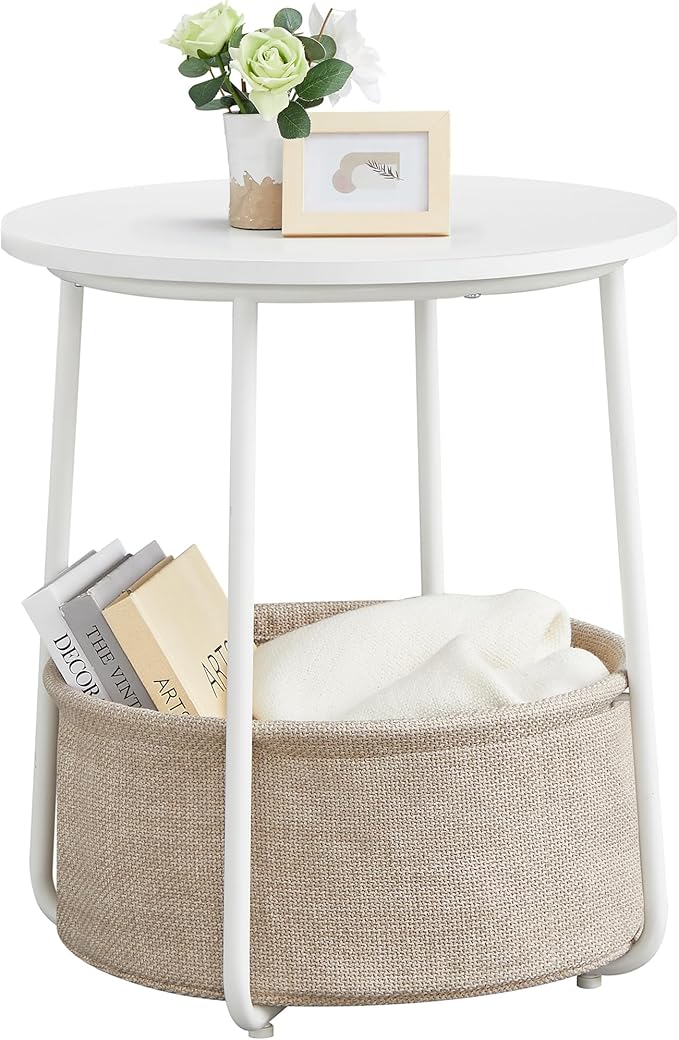 Small Round Side Table with Fabric Basket, Modern Nightstand, White and Brown