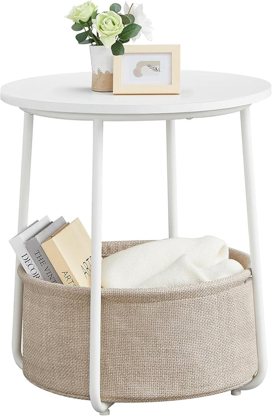 Small Round Side Table with Fabric Basket, Modern Nightstand, White and Brown