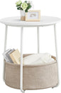 Small Round Side Table with Fabric Basket, Modern Nightstand, White and Brown